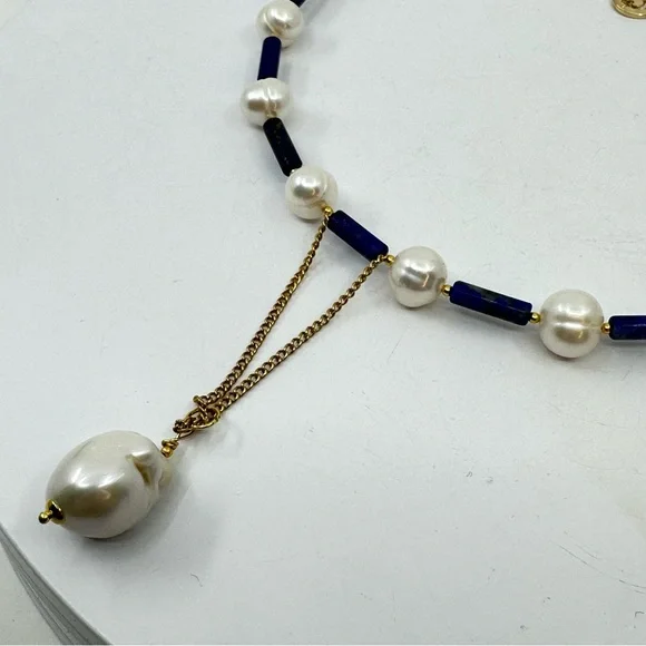 C106 New Handmade Natural Freshwater Pearl and Lapis Lazuli Choker - Picture 14 of 14